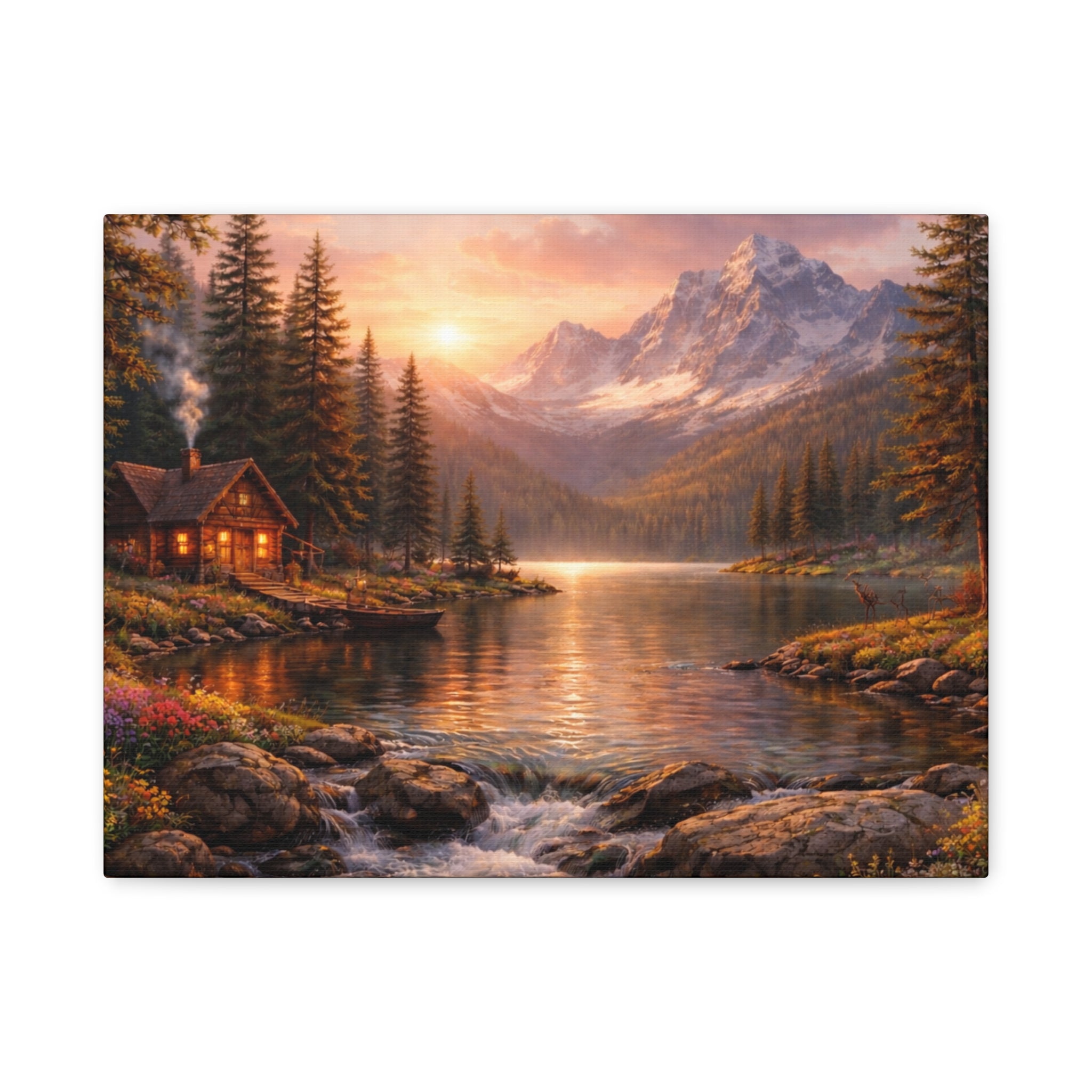 Mountain Lake Cabin Matte Canvas Print - Sunset Landscape Wall Art - Mountain Art canvases