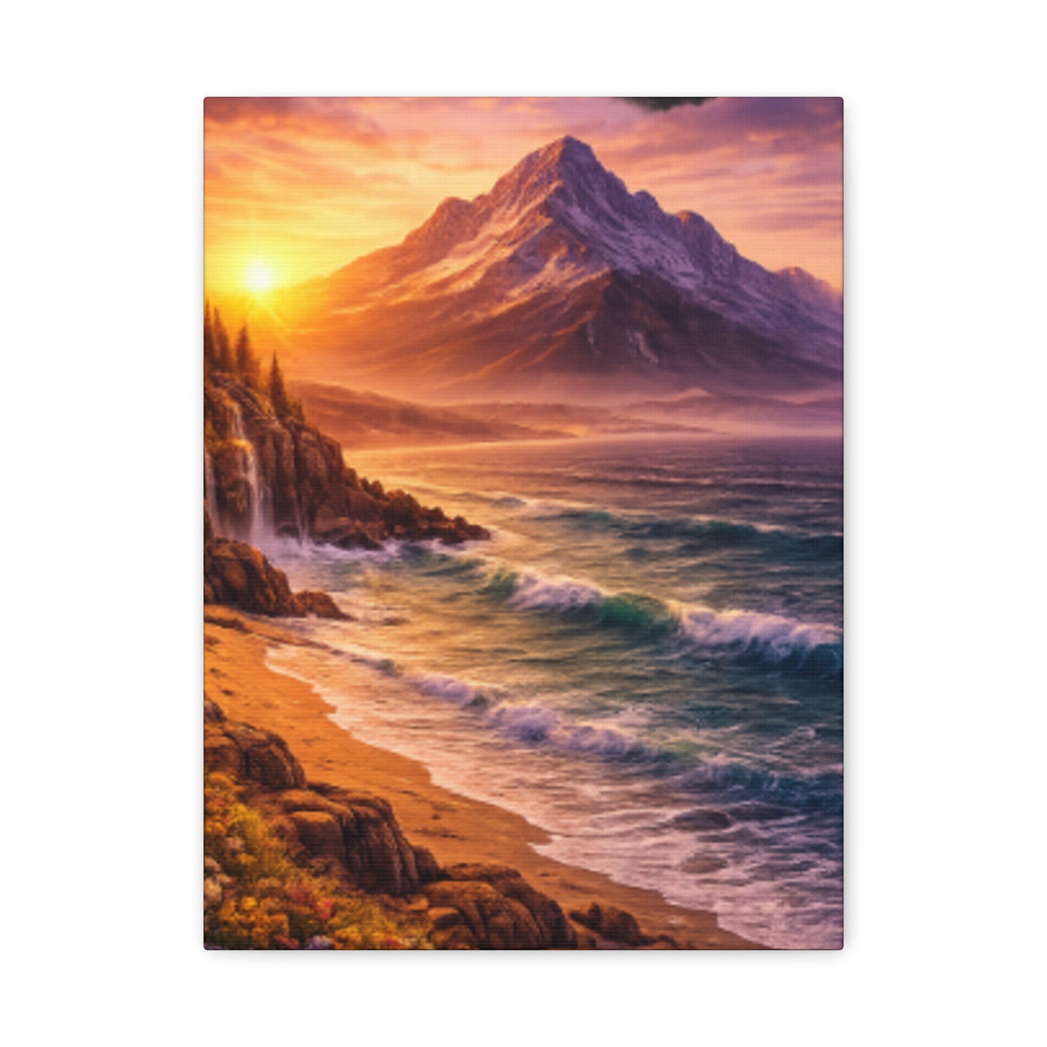 Sunset Mountain Shore Canvas Print - Matte Stretched Wall Art - Mountain and beach Canvas