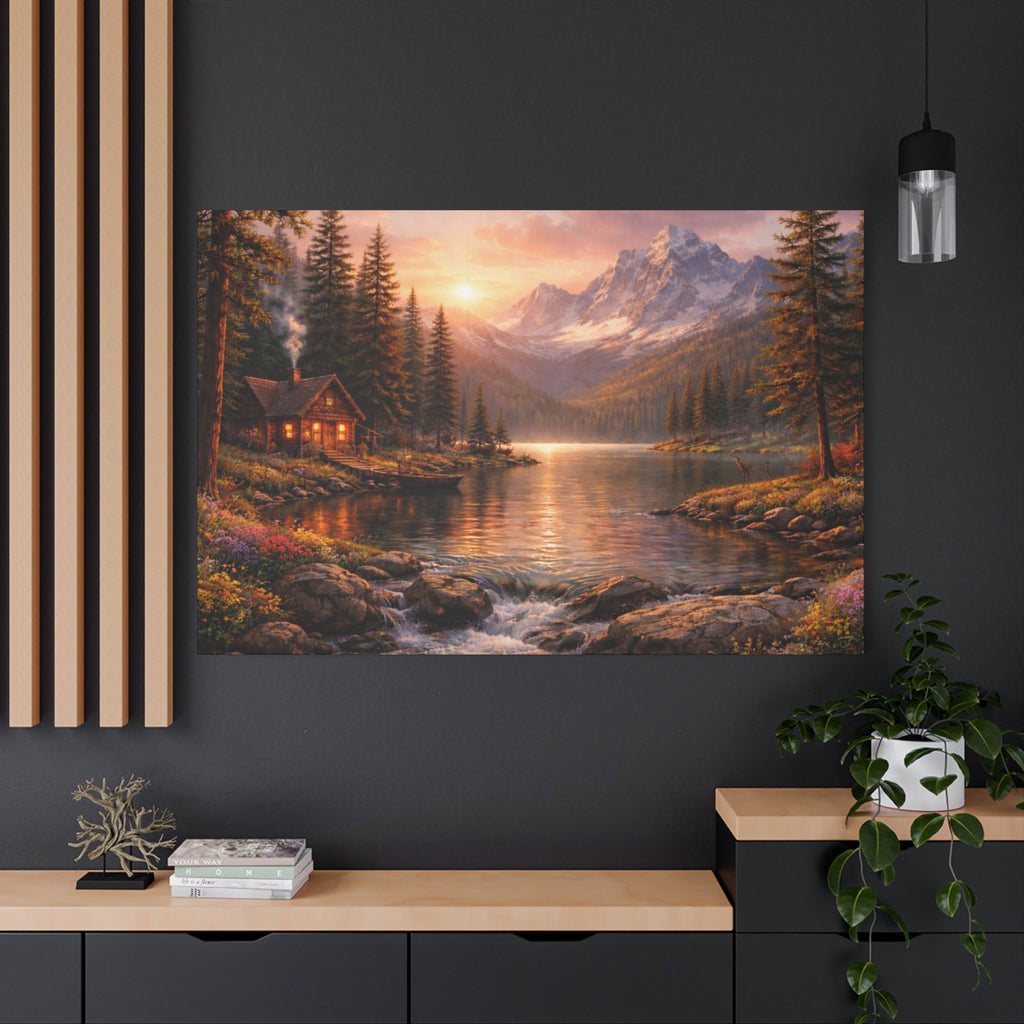 Mountain Lake Cabin Matte Canvas Print - Sunset Landscape Wall Art - Mountain Art canvases