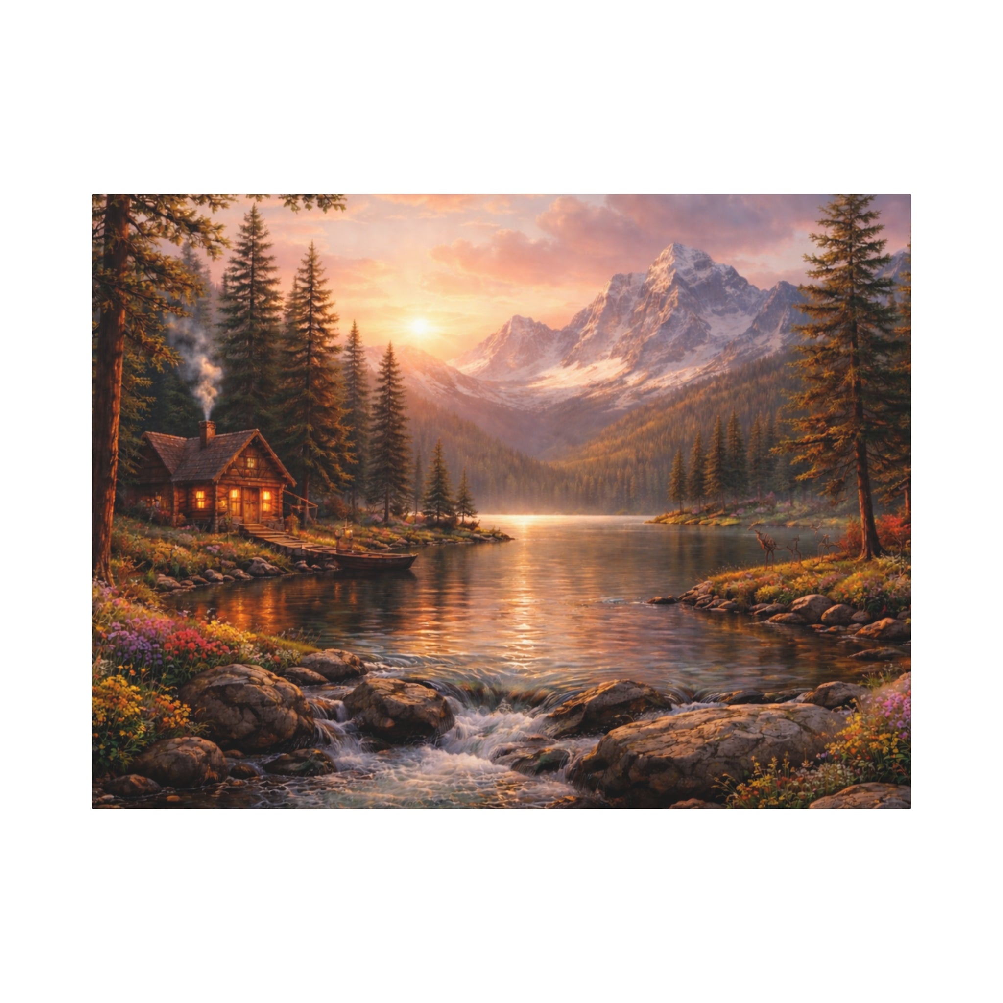 Mountain Lake Cabin Matte Canvas Print - Sunset Landscape Wall Art - Mountain Art canvases