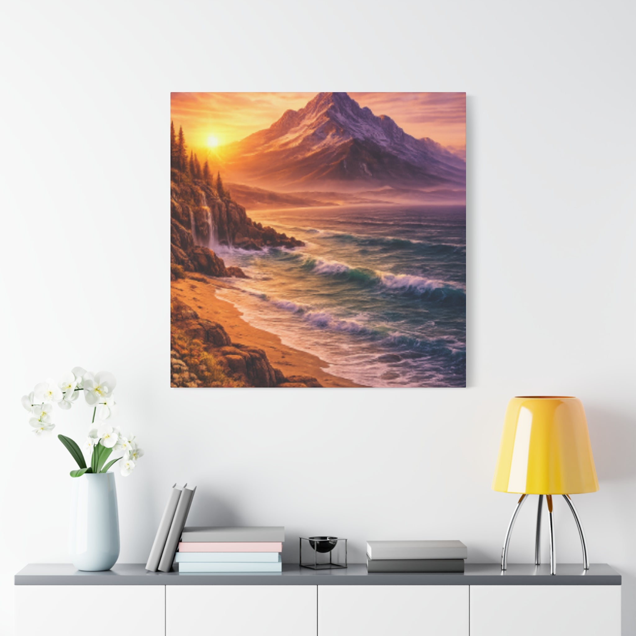 Sunset Mountain Shore Canvas Print - Matte Stretched Wall Art - Mountain and beach Canvas