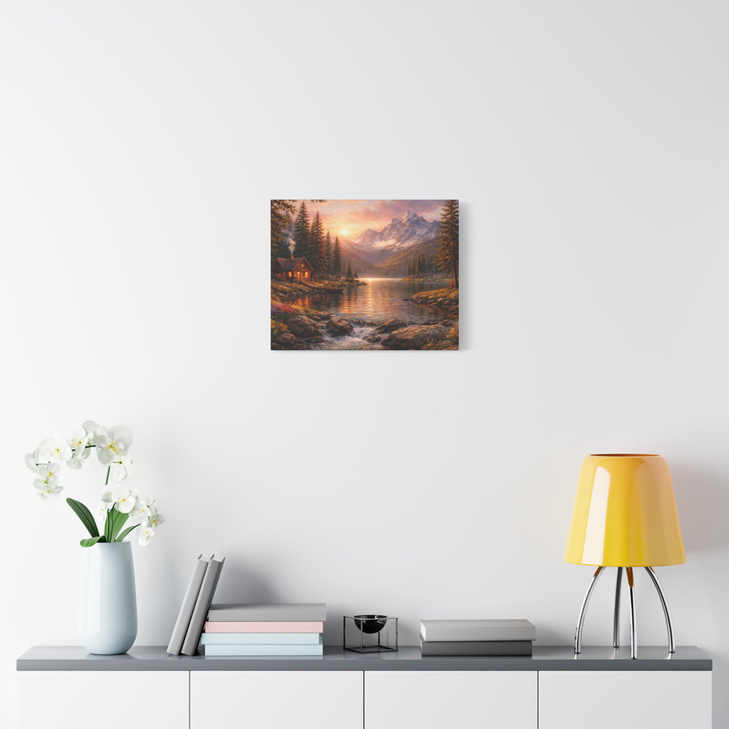 Mountain Lake Cabin Matte Canvas Print - Sunset Landscape Wall Art - Mountain Art canvases