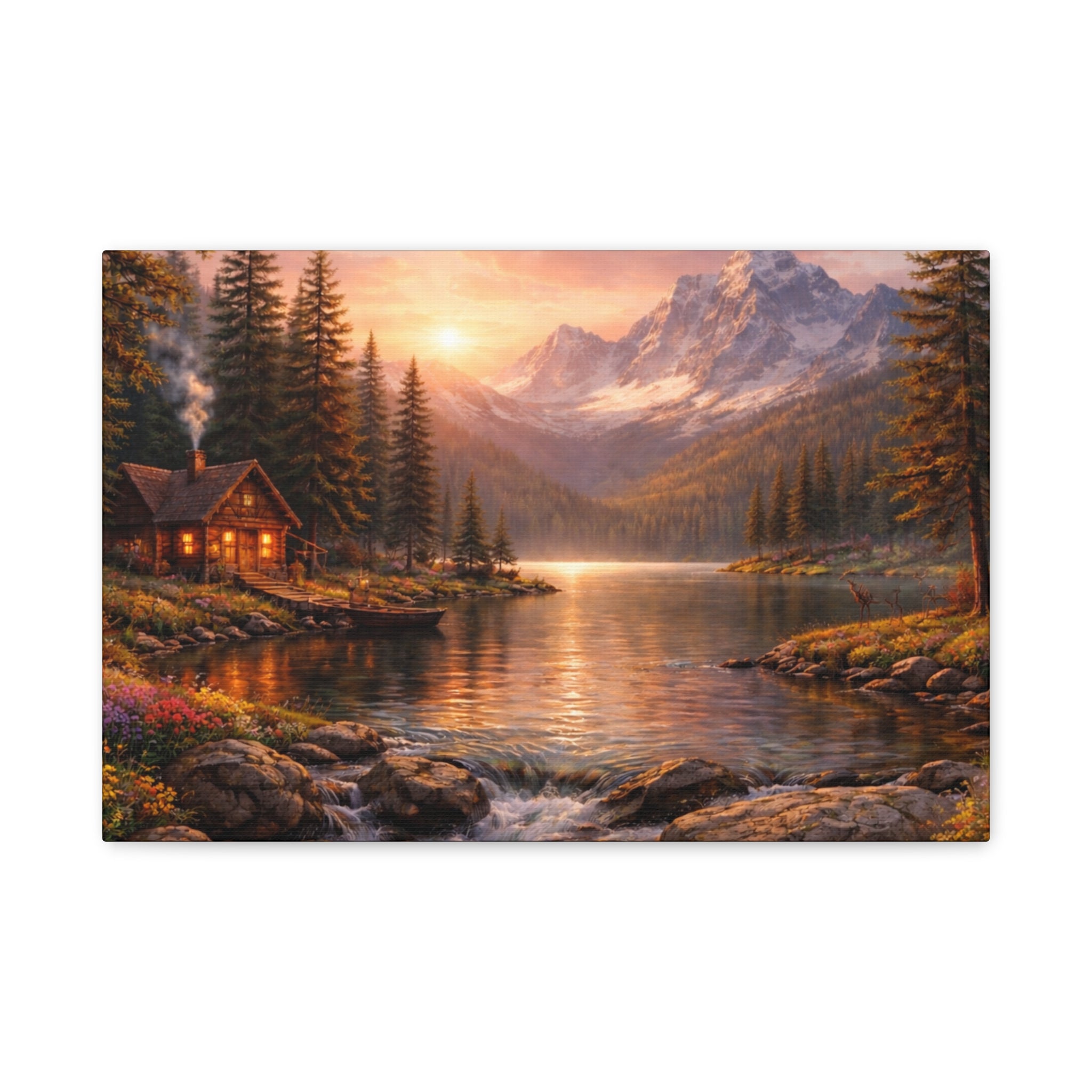 Mountain Lake Cabin Matte Canvas Print - Sunset Landscape Wall Art - Mountain Art canvases