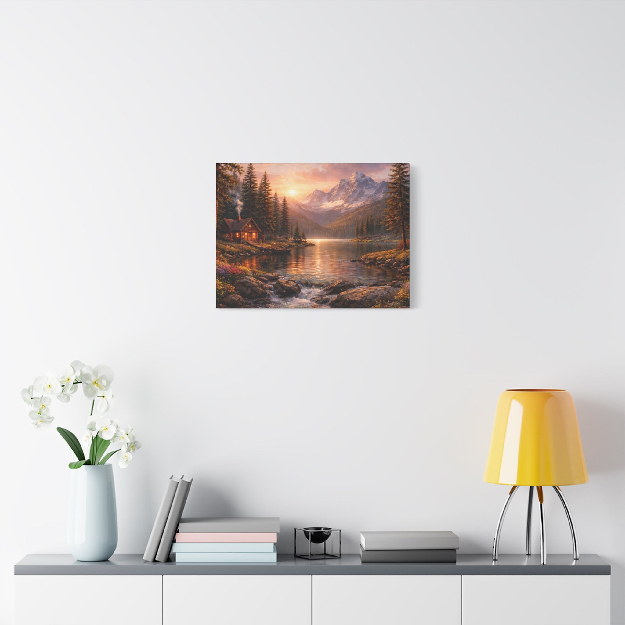 Mountain Lake Cabin Matte Canvas Print - Sunset Landscape Wall Art - Mountain Art canvases